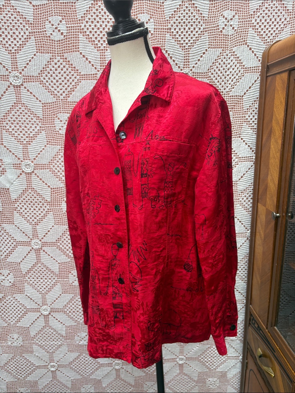 Chico’s Red Jacquard Button Front Jacket — Size 2/Lg